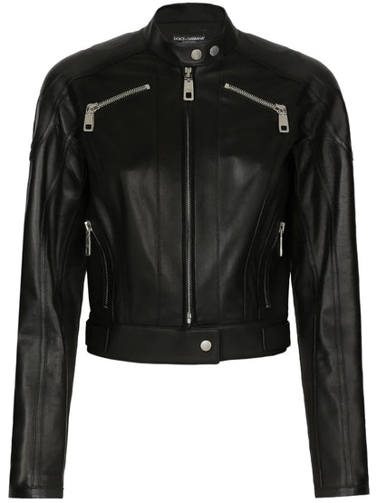 Long-Sleeve Leather Biker Jacket