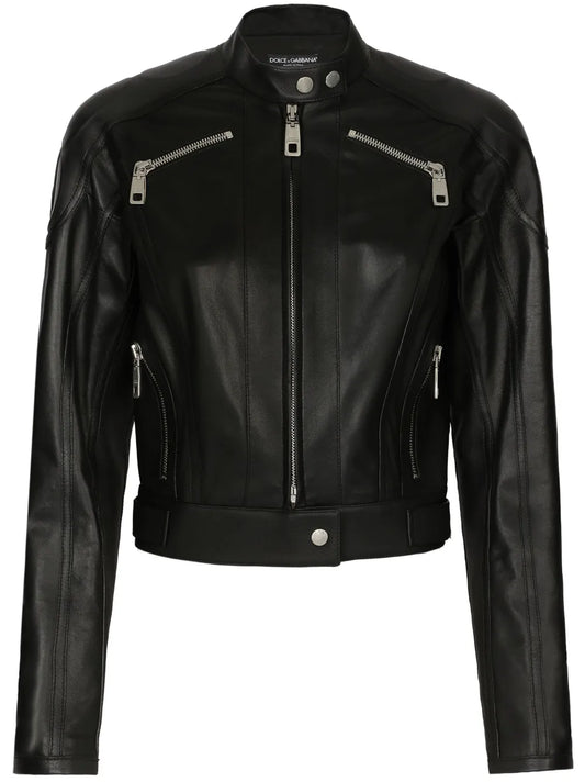 Long-Sleeve Leather Biker Jacket