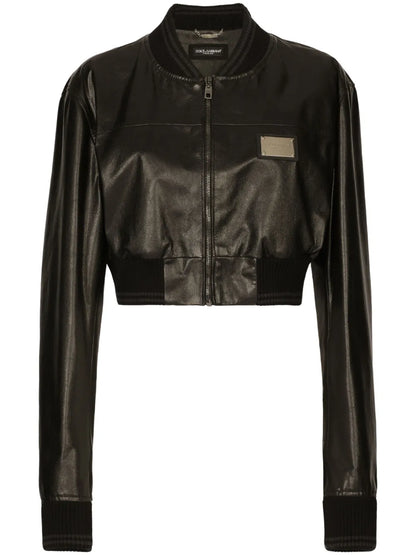 Logo-Plaque Cropped Leather Jacket