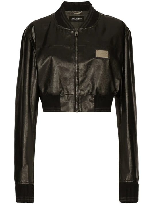 Logo-Plaque Cropped Leather Jacket