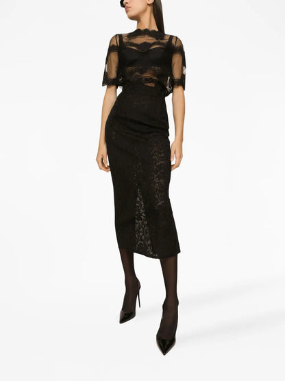 Floral-Lace Midi Skirt