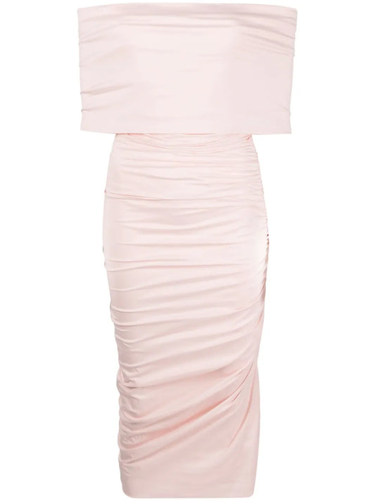 Off-Shoulder Ruched Midi Dress