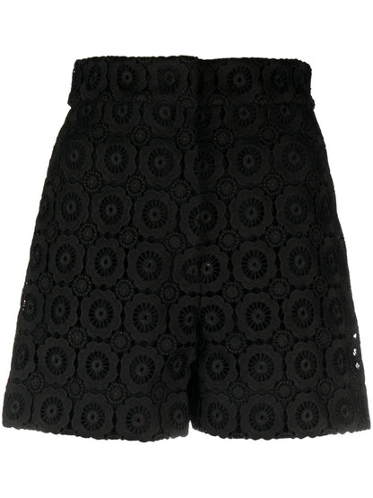 Floral-Appliqué High-Waist Mini Shorts