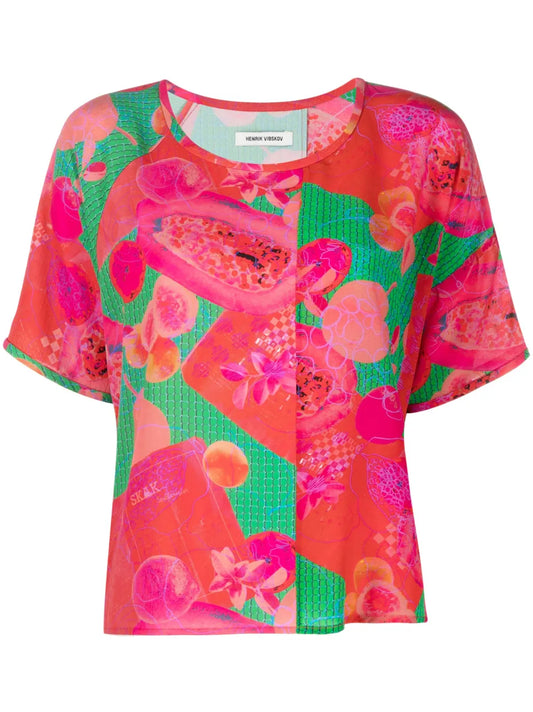Abstract-Print Silk T-Shirt