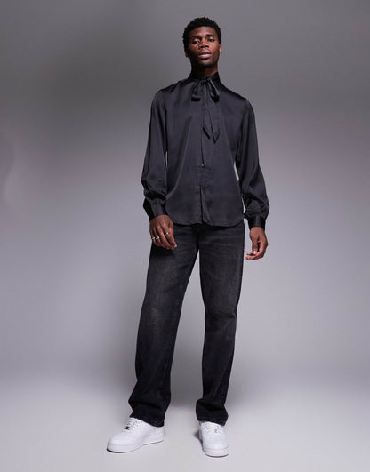 Satin Regular Shirt With Tie Neck And Blouson Volume Sleeve