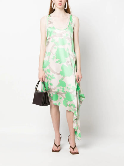 Floral-Motif Draped Silk Dress