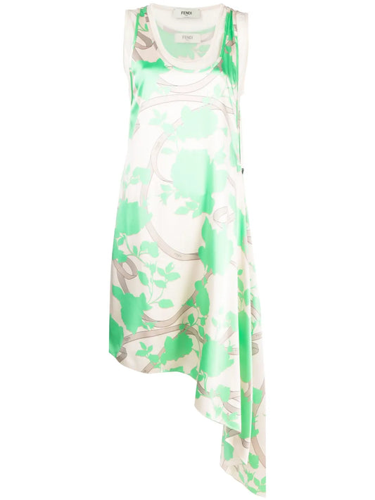Floral-Motif Draped Silk Dress
