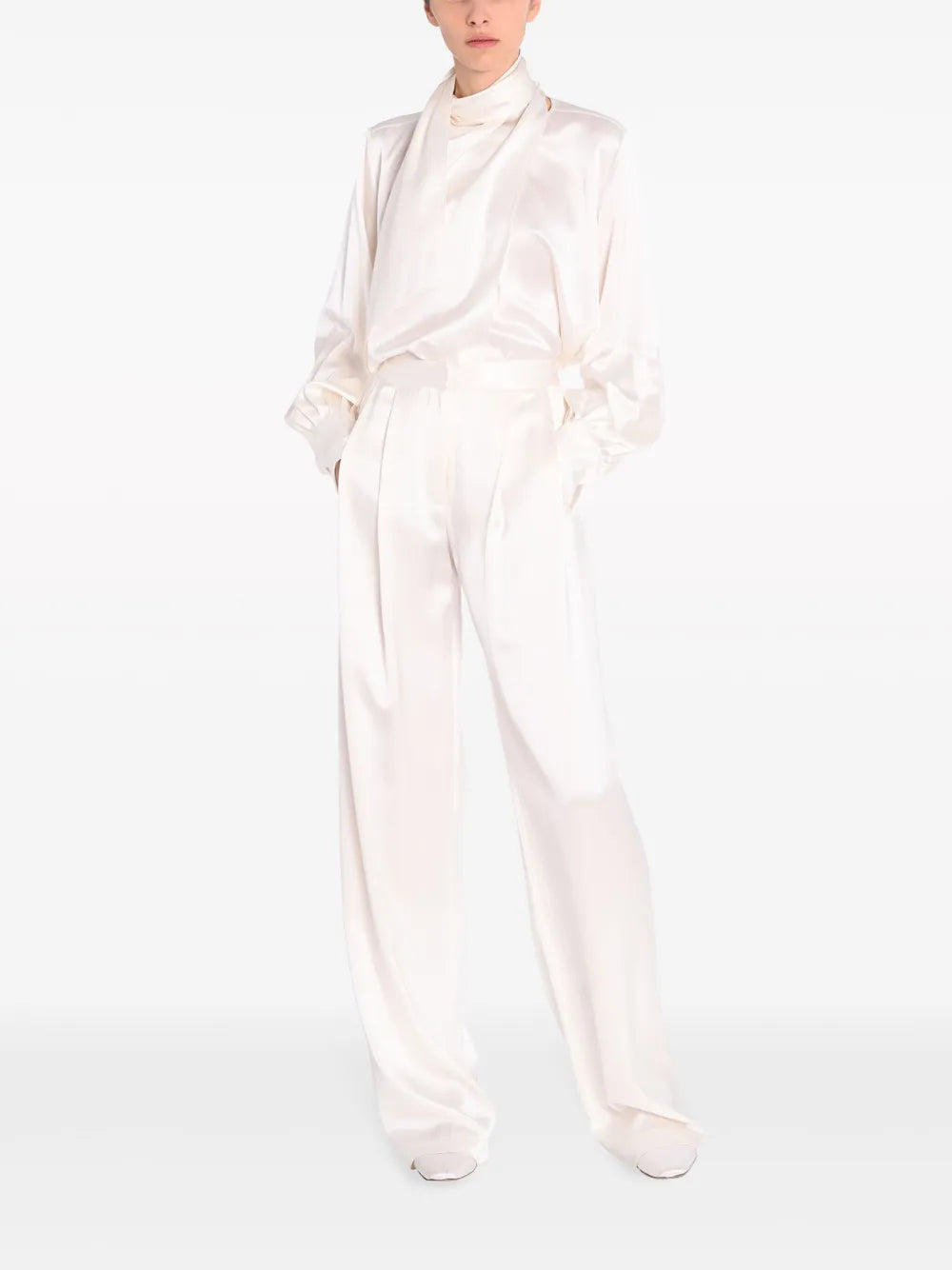 Pleat-Detail Straight-Leg Silk Trousers