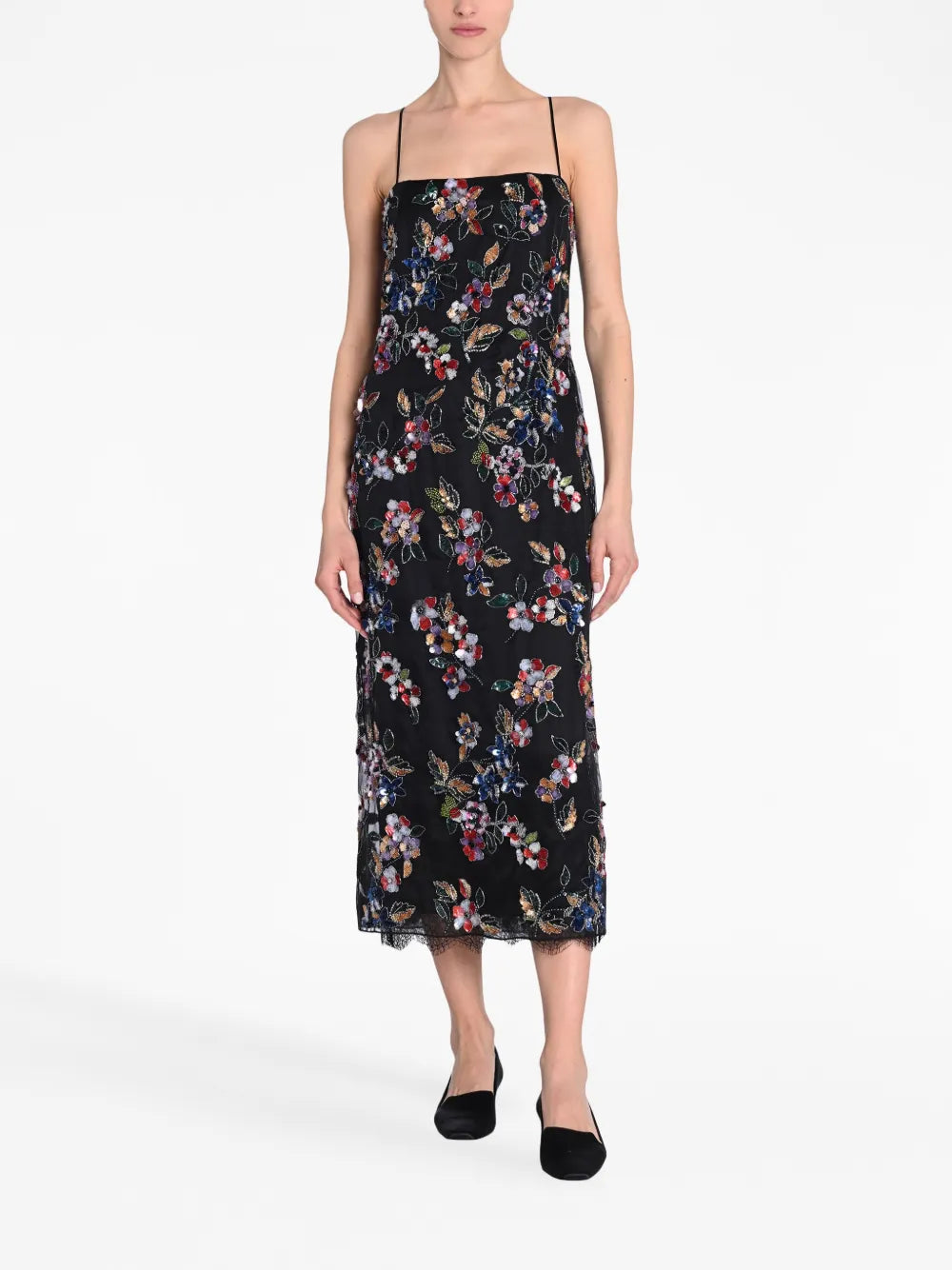 Floral-Embroidered Silk Midi Dress