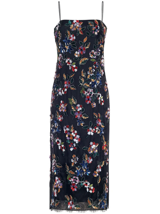 Floral-Embroidered Silk Midi Dress