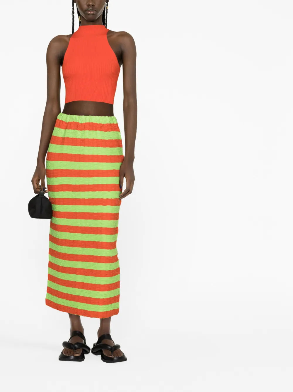Curled Striped Midi Skirt