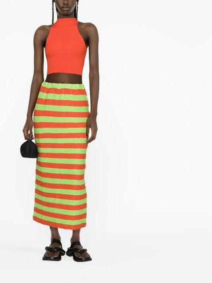 Curled Striped Midi Skirt