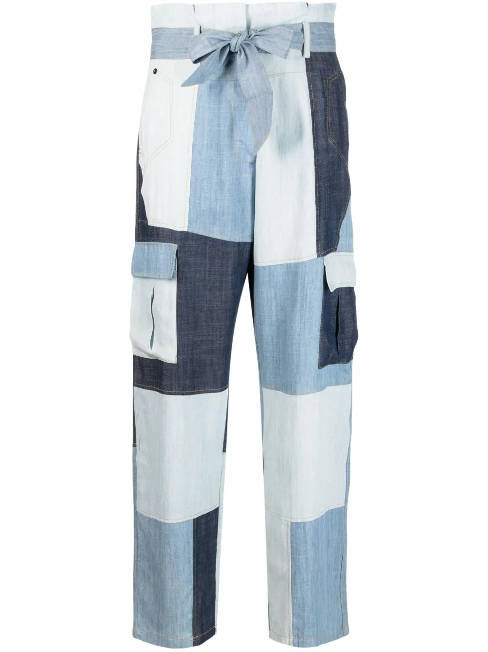 Denim Patchwork Paperbag-Waist Trousers