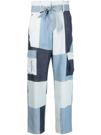 Denim Patchwork Paperbag-Waist Trousers