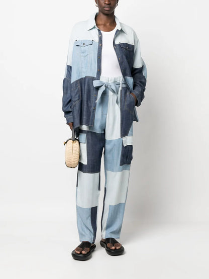 Denim Patchwork Paperbag-Waist Trousers