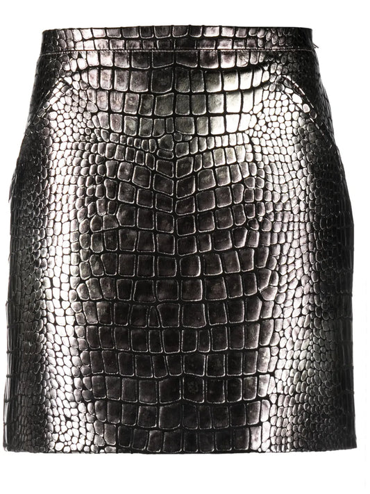 Croc-Effect Metallic Leather Miniskirt