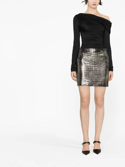 Croc-Effect Metallic Leather Miniskirt