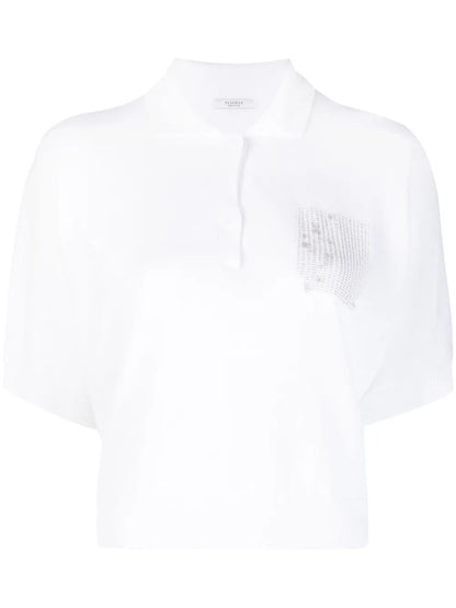 Metallic Detail Fine-Knit Polo Top