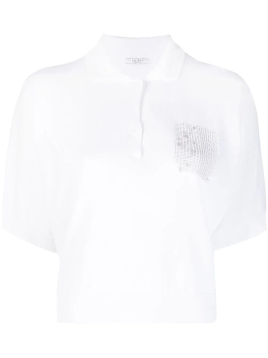 Metallic Detail Fine-Knit Polo Top