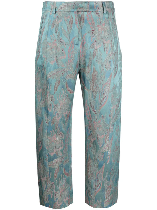 Floral-Jacquard Cropped Trousers