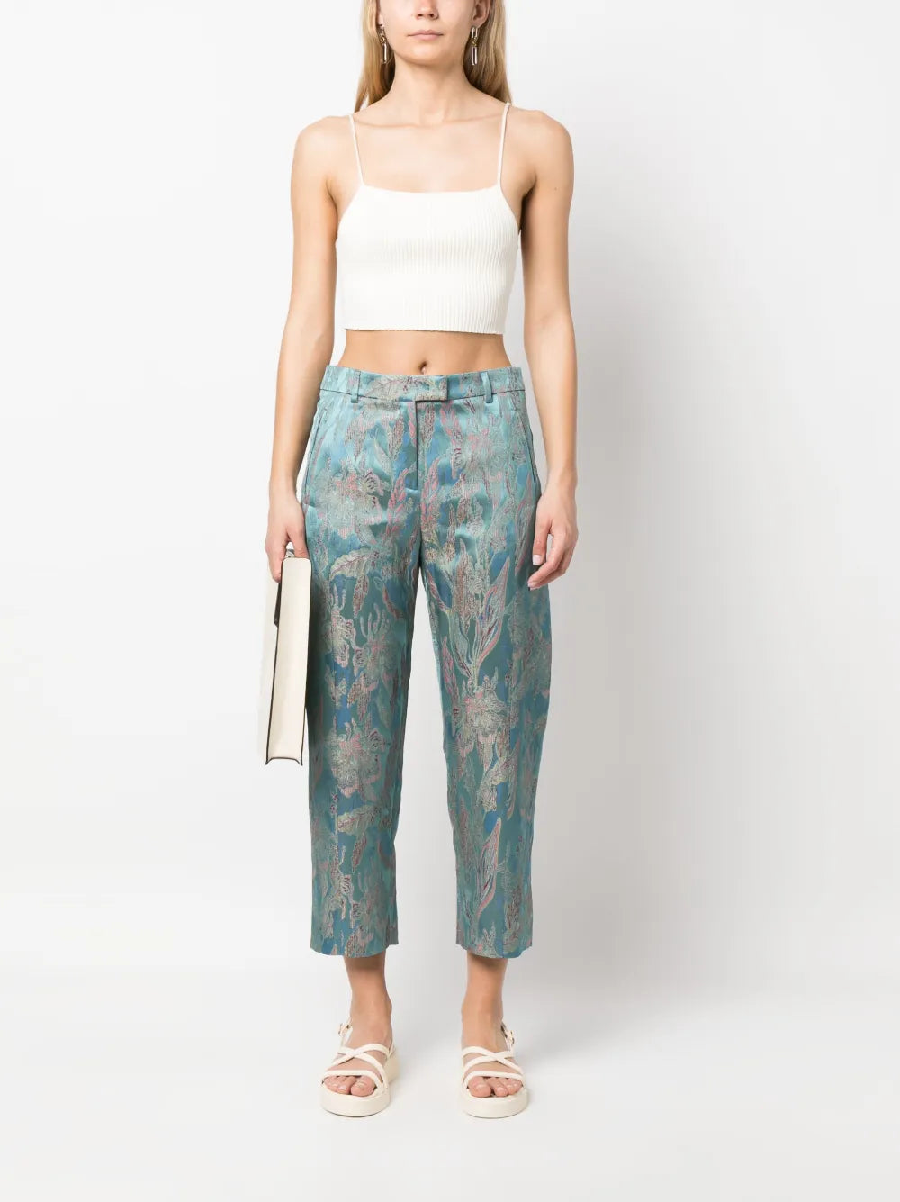 Floral-Jacquard Cropped Trousers