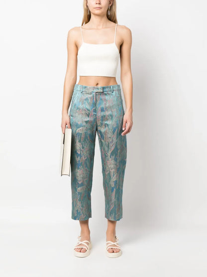 Floral-Jacquard Cropped Trousers