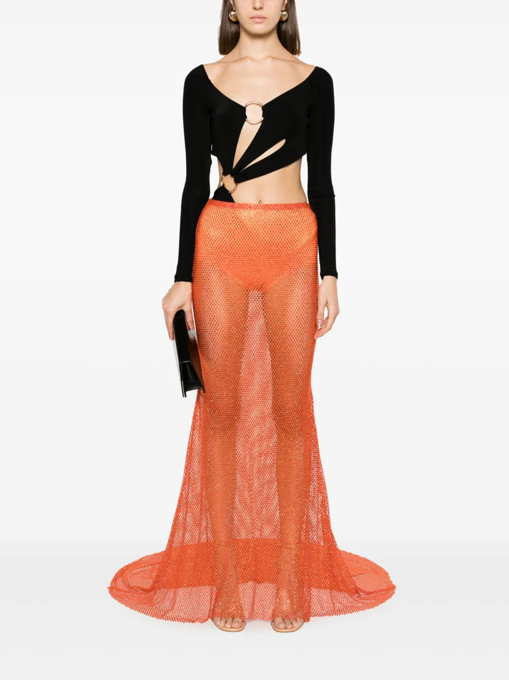 Crystal-Embellished Mesh Maxi Skirt