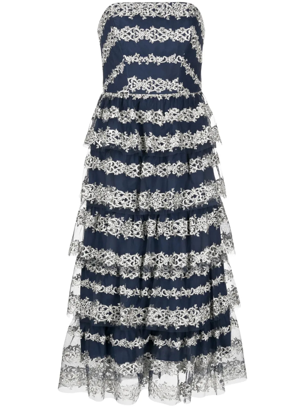 Motif-Embroidered Tiered Midi Dress