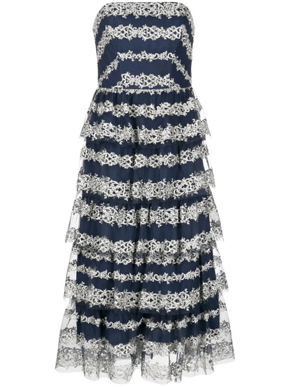 Motif-Embroidered Tiered Midi Dress
