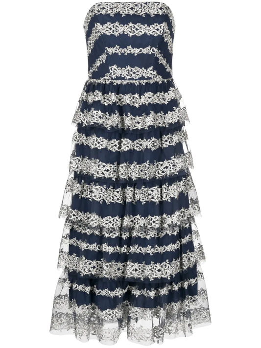 Motif-Embroidered Tiered Midi Dress