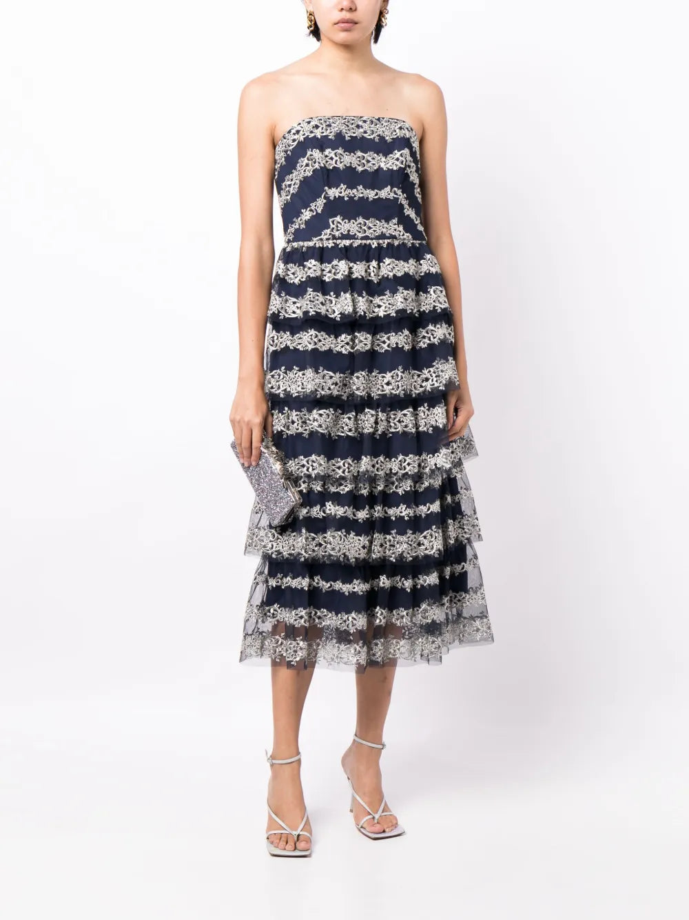 Motif-Embroidered Tiered Midi Dress