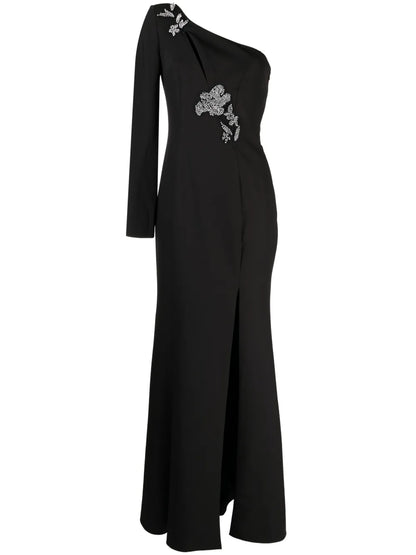 Floral-Appliqué Asymmetric Gown