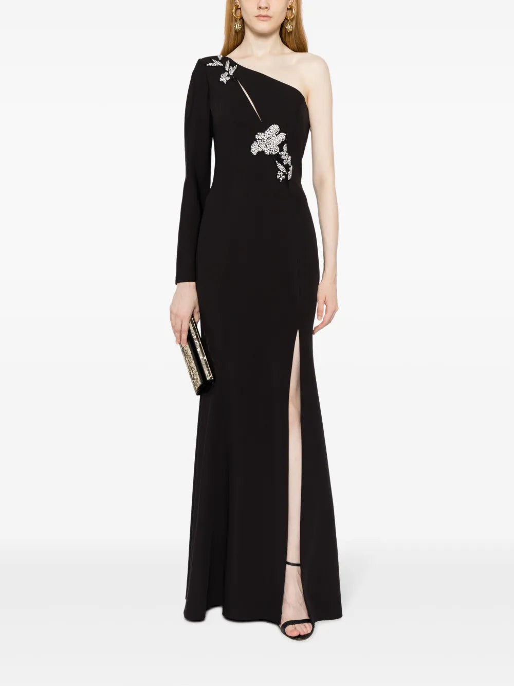 Floral-Appliqué Asymmetric Gown