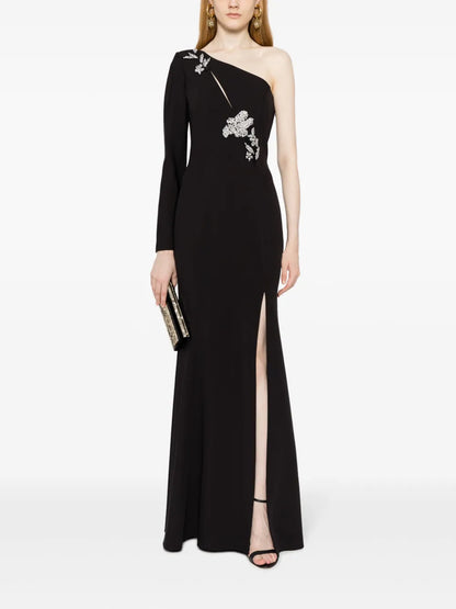 Floral-Appliqué Asymmetric Gown