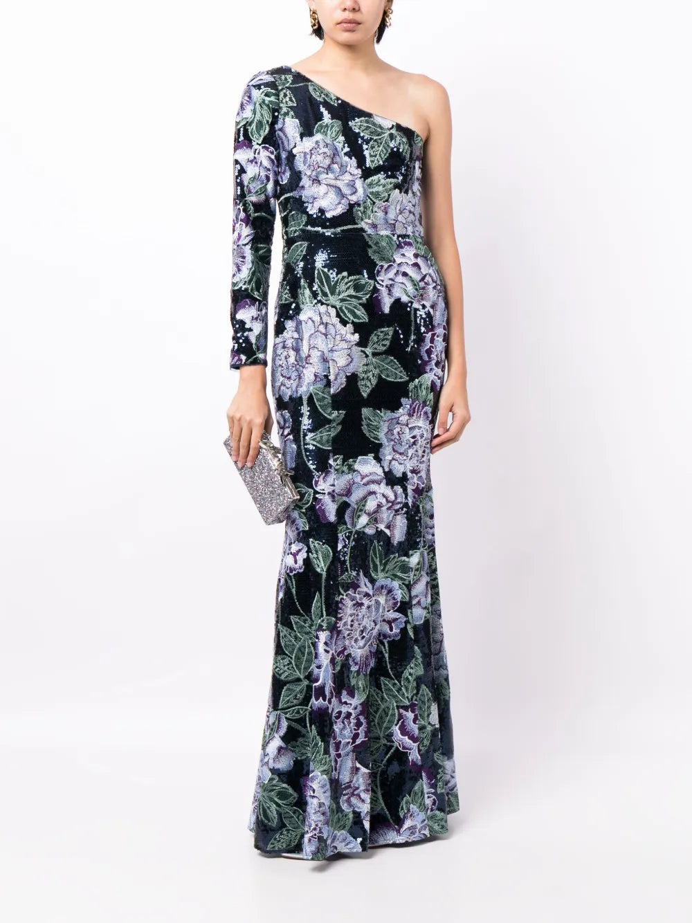 Sequin-Embellished One-Shoulder Gown