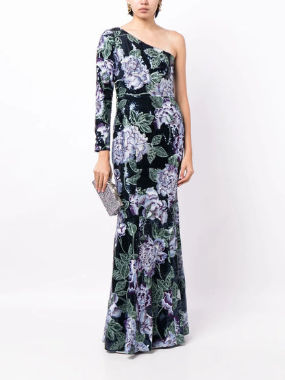 Sequin-Embellished One-Shoulder Gown