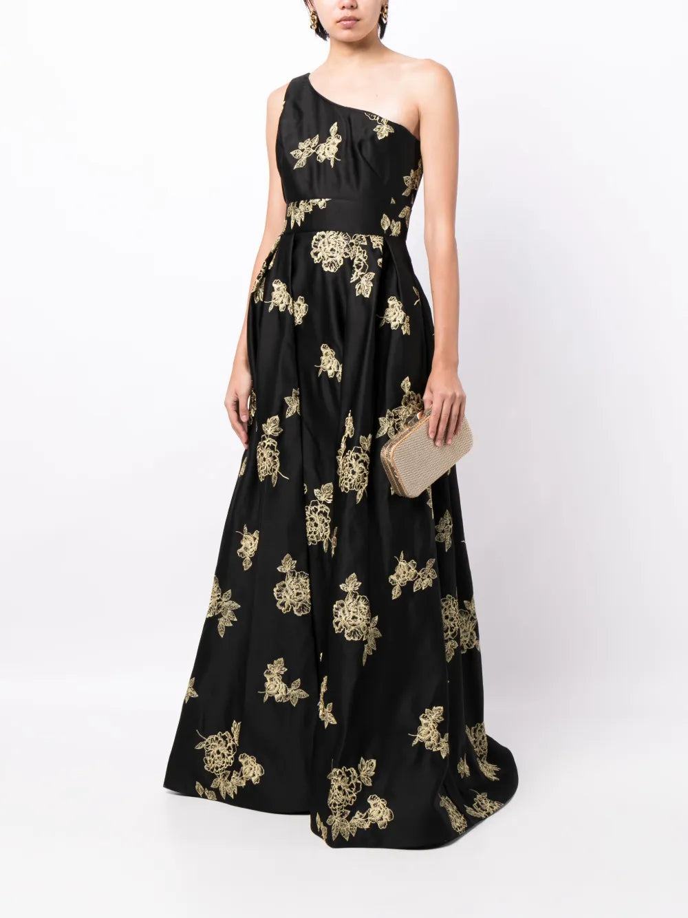 Floral-Embroidered One-Shoulder Gown