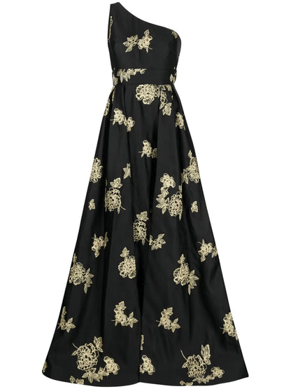 Floral-Embroidered One-Shoulder Gown