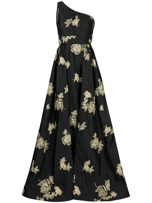 Floral-Embroidered One-Shoulder Gown