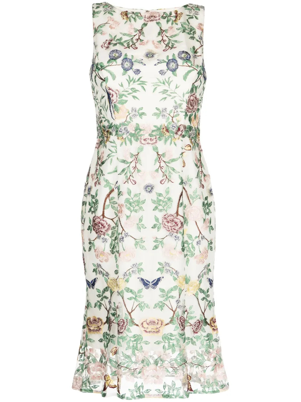 Floral-Embroidery Boat-Neck Midi Dress