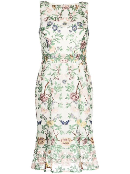Floral-Embroidery Boat-Neck Midi Dress