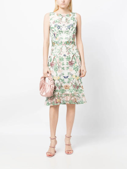 Floral-Embroidery Boat-Neck Midi Dress