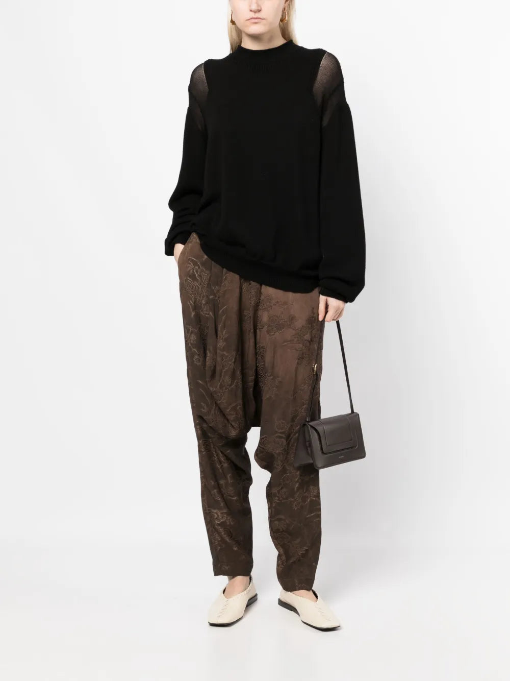 Floral-Embroidered Drop-Crotch Trousers