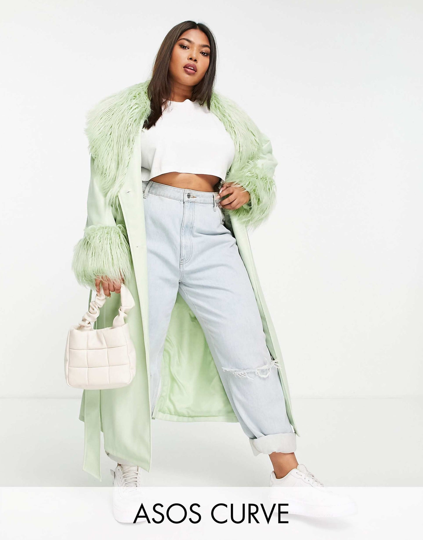 Curve Faux Leather Belted Coat With Borg Trim