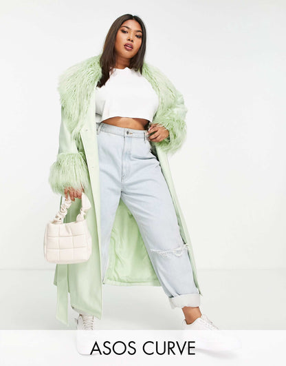 Curve Faux Leather Belted Coat With Borg Trim