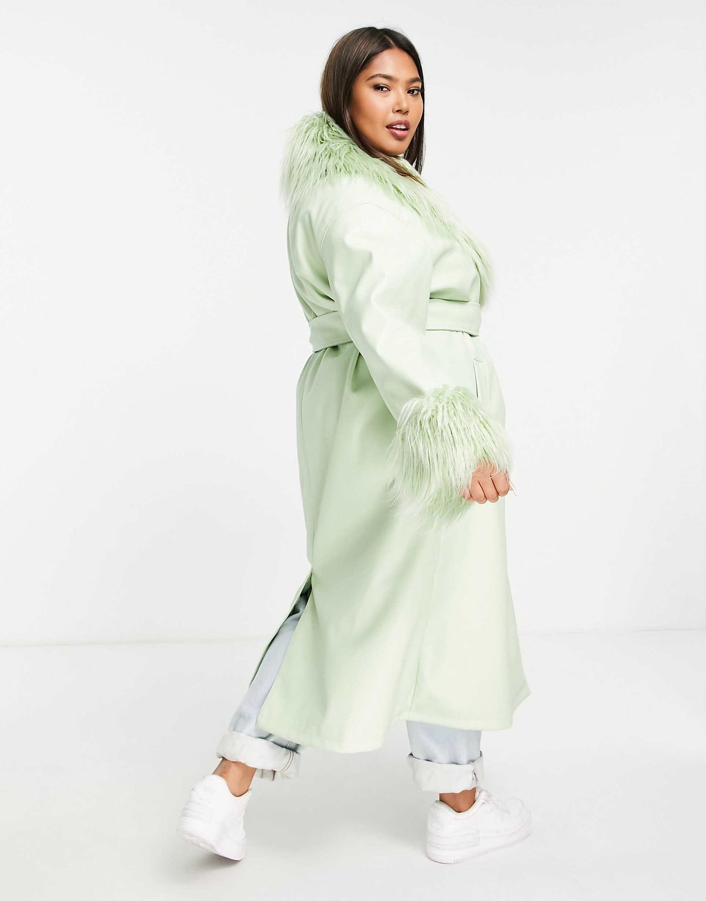 Curve Faux Leather Belted Coat With Borg Trim