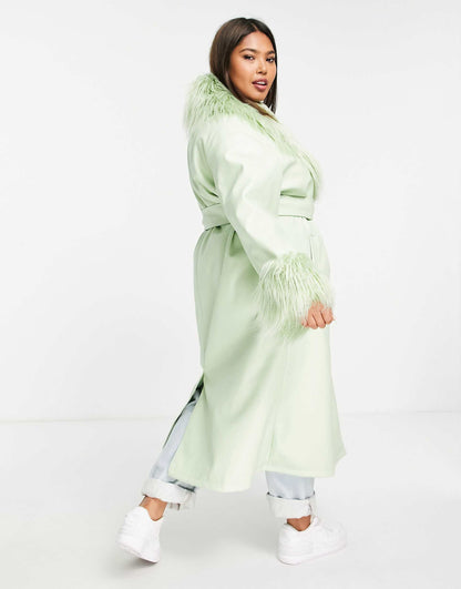 Curve Faux Leather Belted Coat With Borg Trim