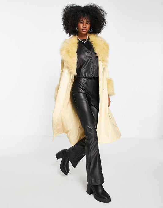 Pu & Faux Fur Trim Long Belted Coat