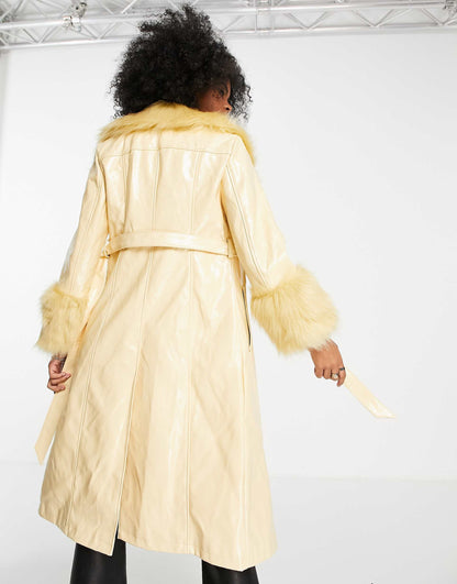 Pu & Faux Fur Trim Long Belted Coat