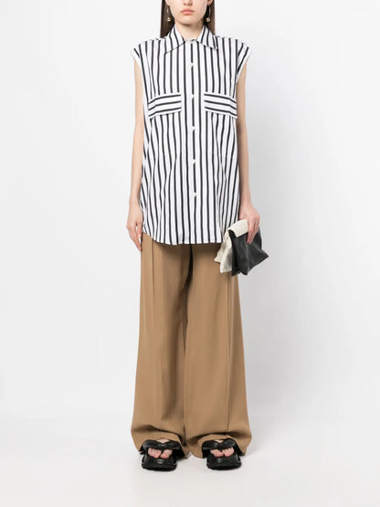 Cap-Sleeve Striped Cotton Shirt